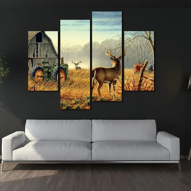 4 панели бескаркасные замечательные природные деревья заборы птицы туман олень