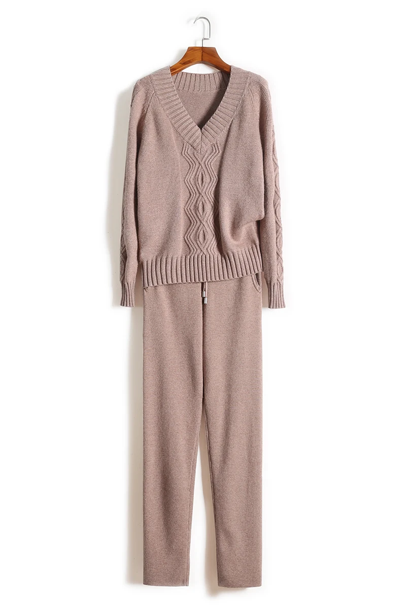 

Women Limited Wool Bamboo Fiber Cashmere Knit Suit Two-piece 2020 New Fashion V-neck Loose Sweater Trousers Two Piece Outfits