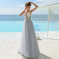 deep v neck bluegrey tulle a line beach prom evening dresses bridal gowns lace appliques backless sweep train sleeveless beads