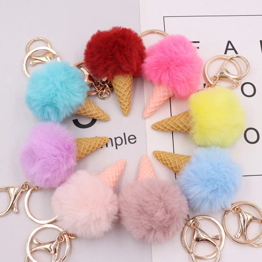 

New 5cm Faux Rabbit Fur Hairball Ice Cream Cone Key Chains for Women Fashion Soft Jewelry Girls Sweet Cute Accessories Gifts