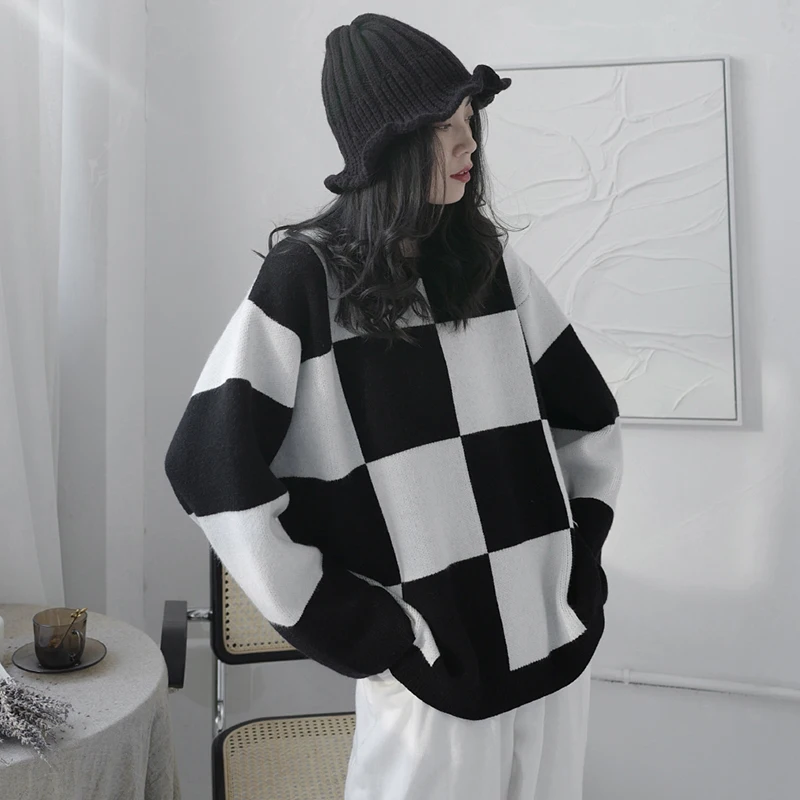 

ZCSMLL Plaid Big Size Knitting Sweater Loose Fit Round Neck Long Sleeve Women Pullovers New Fashion Autumn Winter 2021