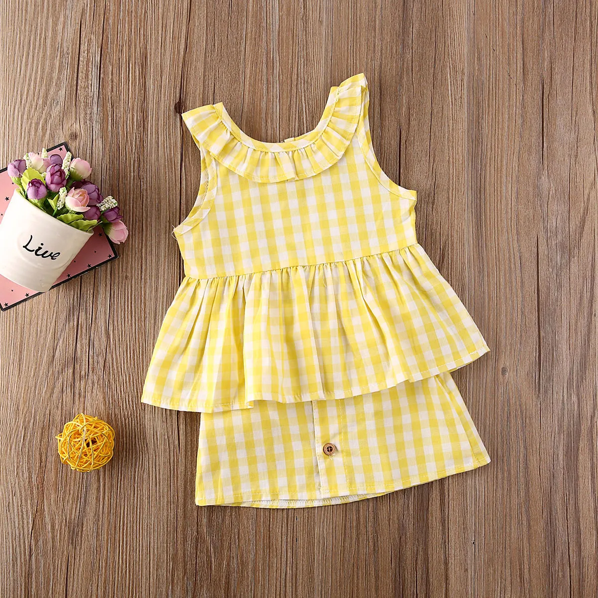 

2PCS Sweet Baby Girls Clothes Summer Kids Yellow Plaid Sleeveless O Neck Tops + Mini Skirt Sunsuit Costume 2020