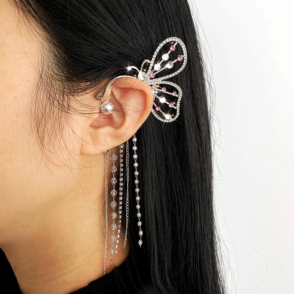

Fashion Crystal Pearls Butterfly Clip On Earring Bead Ear Cuff Long Tassels Charm Hollow Earrings For Women Gold Clip Jewelry