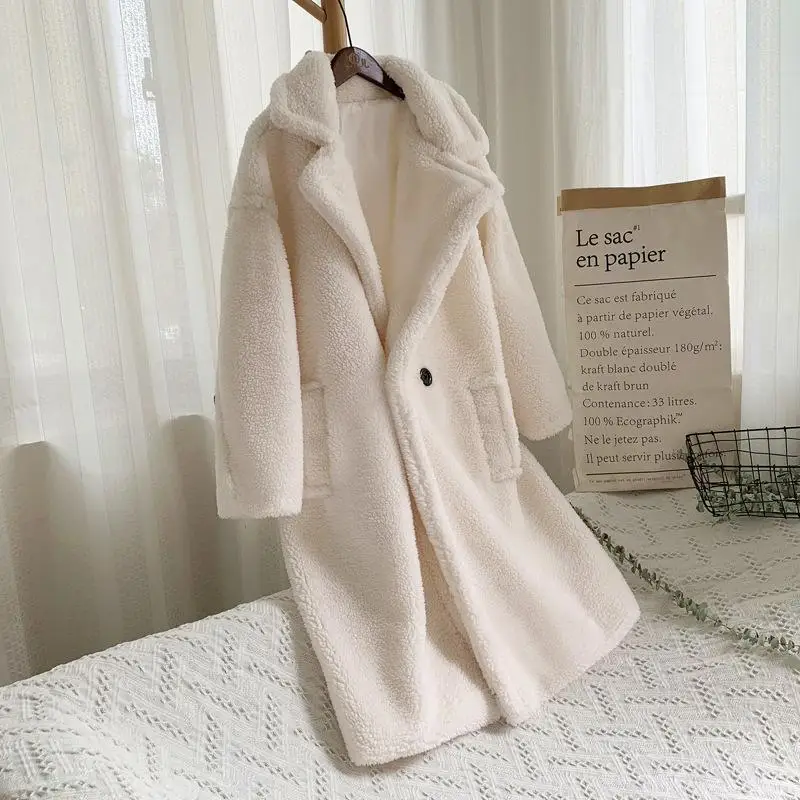 

Women Fashion Elegant Long Women's Coat Lapel Pockets Belted Jackets Solid Color Loose Medium Long Windbreaker Lamb Coat