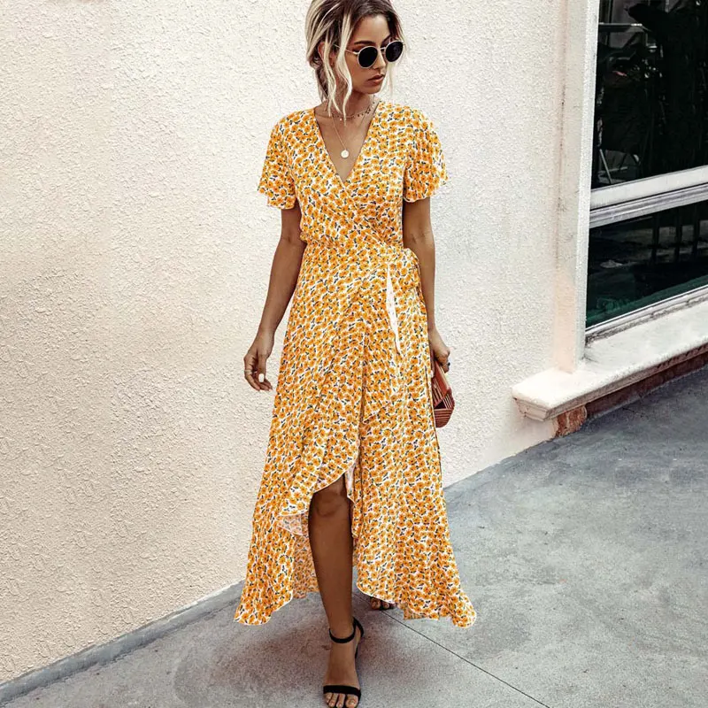 Женское платье макси в горошек с V-образным вырезом | Женская одежда