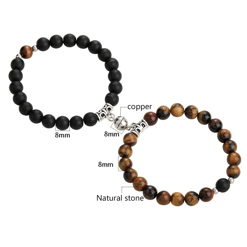 

Tiger Eye Stone Alloy Magnet Attracting Couple Bracelet Set-Volcanic Stone Bright Black Set Beads 8mm Women Men Jewelry Gift