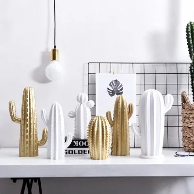 

Resin White Gold Cactus Figurine for House Minimalist Style Statue Sculpture Art Nordic Decoration for Office Living Room Decor