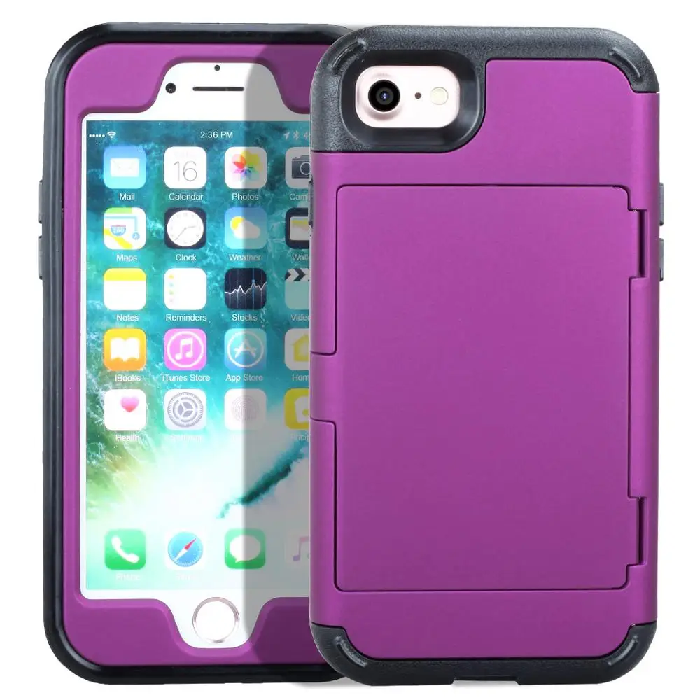Purple Чехлы для телефонов для iPhone 8, 7, 6s Plus, армированный скользящий держатель для карт, слот для макияжа, роскошный Твердый Чехол для мобильного телефона для iPhone 6, 6s Plus - Цвет: Purple