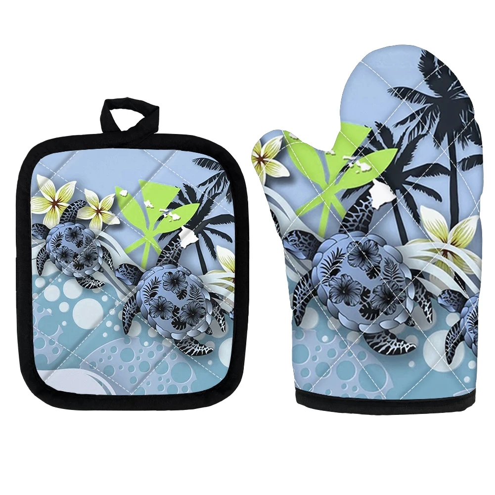 

Hawaii Sea Turtle Plumeria Design Kitchen Microwave Oven Mitts Heat Insulation Glove & Pad 2pcs/Set Washable Potholder Guantes