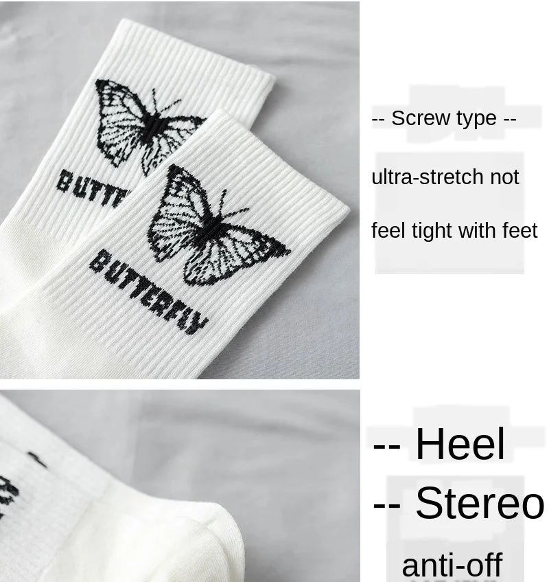 

New Trend Butterfly Socks White Women Streetwear Harajuku Women Crew Cotton Socks Size 36-42 Japanese Hip-hop Skateboard Socks