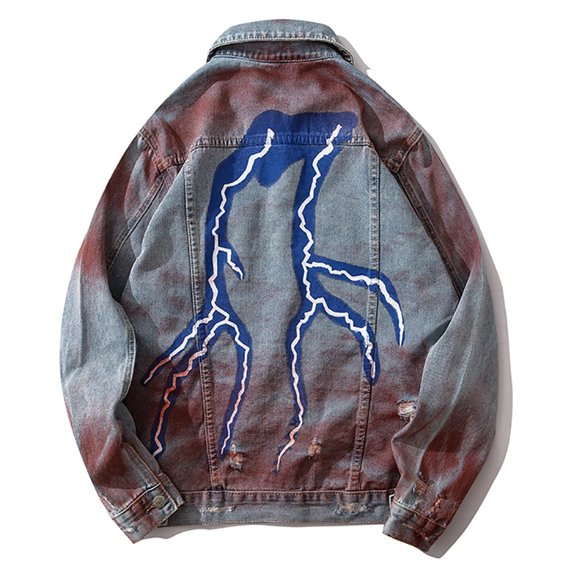 Мужская джинсовая куртка с принтом молнии ковбойская однобортная хип хоп и