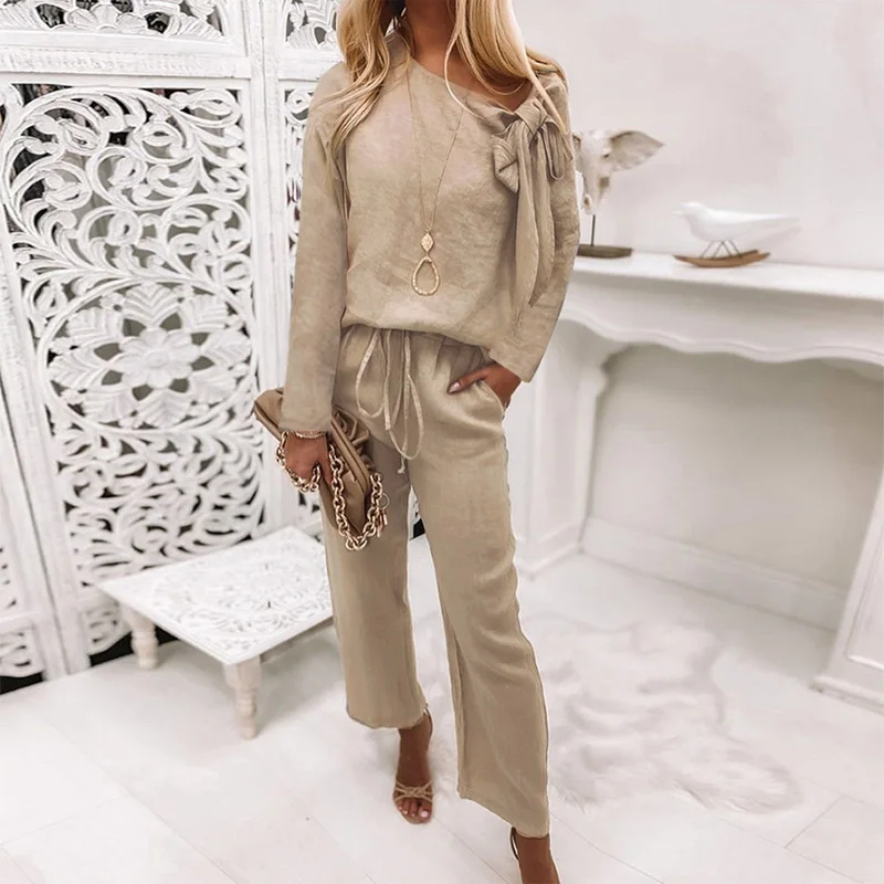 

Elegant Women Solid Suit Autumn Long Sleeve Sweatshirt Bow Hoodie High Waist Loose Pants Outfit 2021 Fashion Casual 2 Pieces Set