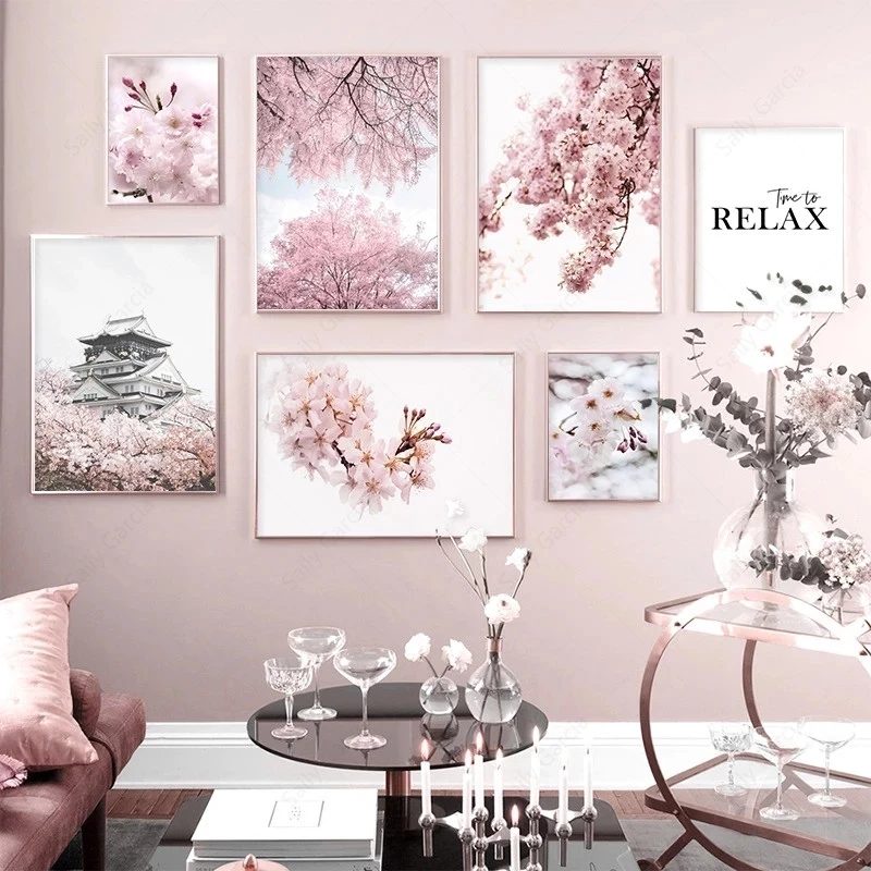 

Cherry Wall Art Canvas Painting Pink Flower Poster Modern Art Print Landscape Posters Nordic Wall Pictures For Living Room Decor