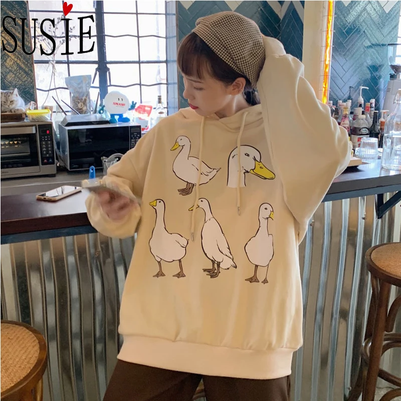 Новинка 2019 Женская толстовка с капюшоном милым принтом утки и Финни модная