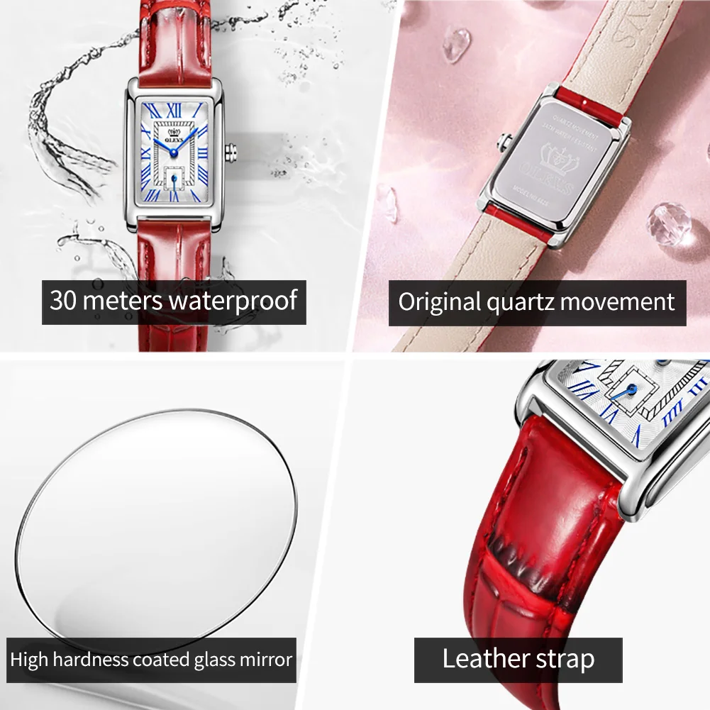 

OLEVS Luxury Women Watches Red Quartz Waterproof Watch For Women Leather Strap stylish Lady Wrist Watch Bracelet Set Reloj Mujer
