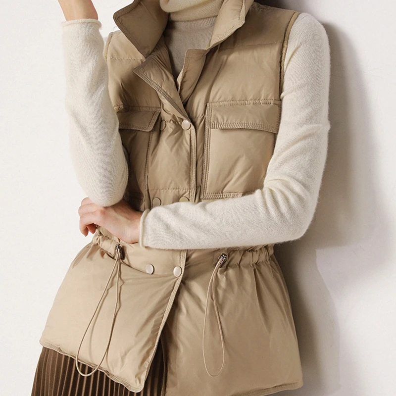 

Women Winter Lightweight Padded Buttons Vest Drawstring Waist Stand Collar Sleeveless Outerwear Puffer Jacket Warm Waistcoat wit