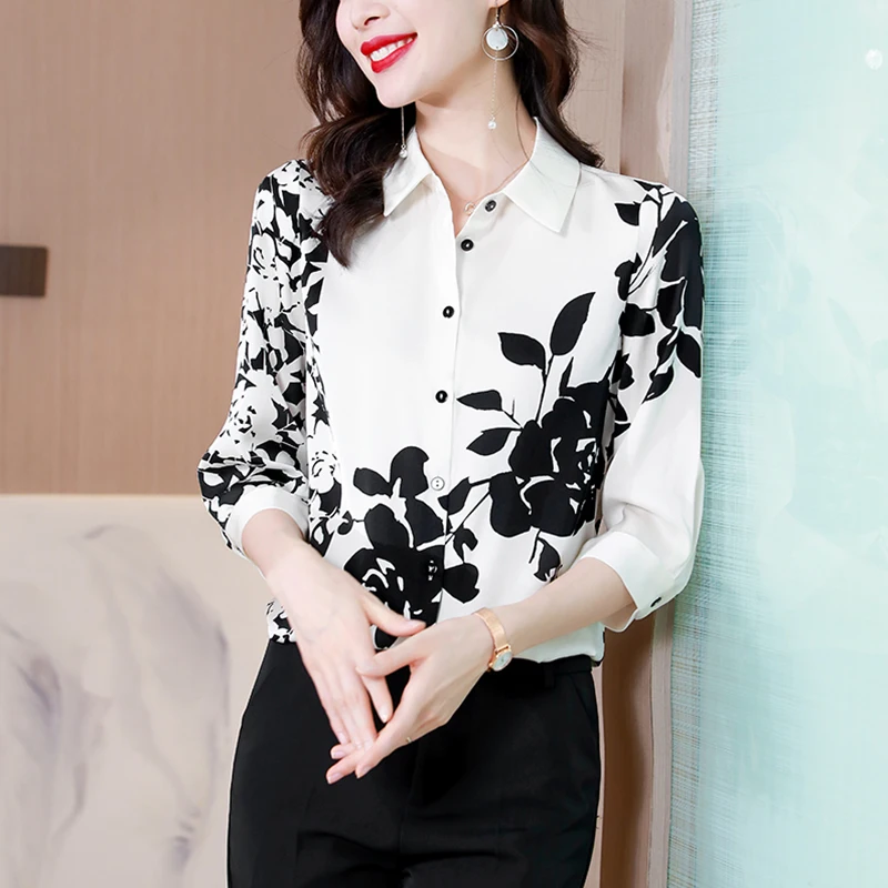 

Silk Satin Loose Women's Blouses New Casual Blouse Flower Print Polo Shirt Summer Fashion Long Sleeve Top Houthion