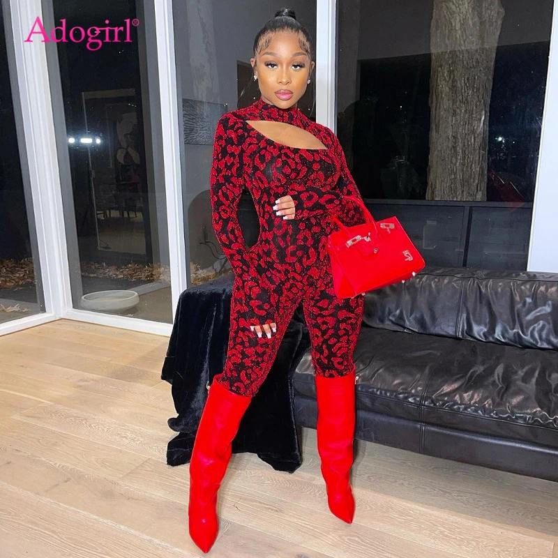 

Adogirl 2021 Spring Leopard Print Silver Wire Jumpsuit Zipper Hollow Out Long Sleeve Nightclub Romper Casual Overalls Outfit