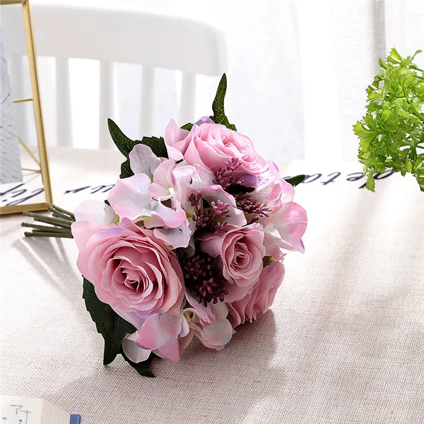 Light-purple Lovegrace Свадебный букет розы Гортензия подружки невесты Свадебный букет Бордовые цветы Искусственные Свадебные украшения для дома цветок - Цвет: Light-purple