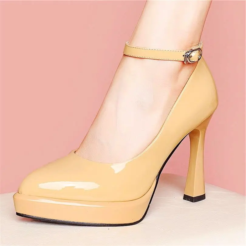 

Sexy Platform Pumps Women's Bright Cow Leather Pointed Toe High Heels Ankel Strap Wedding Party Shoes 34-43