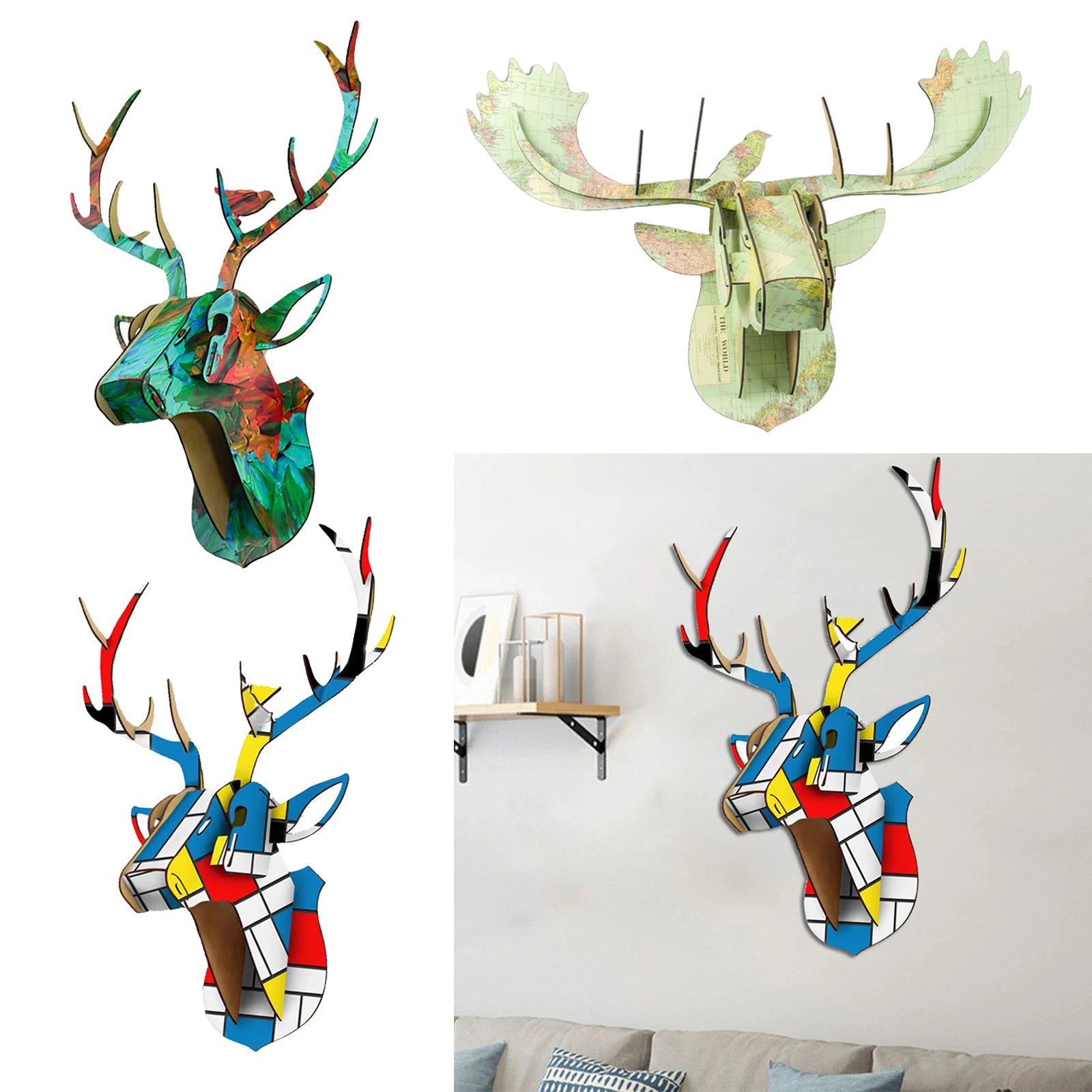 

3D Wooden DIY Animal Deer Head Puzzles Set Home Office Wall Art Sculpture Decoration