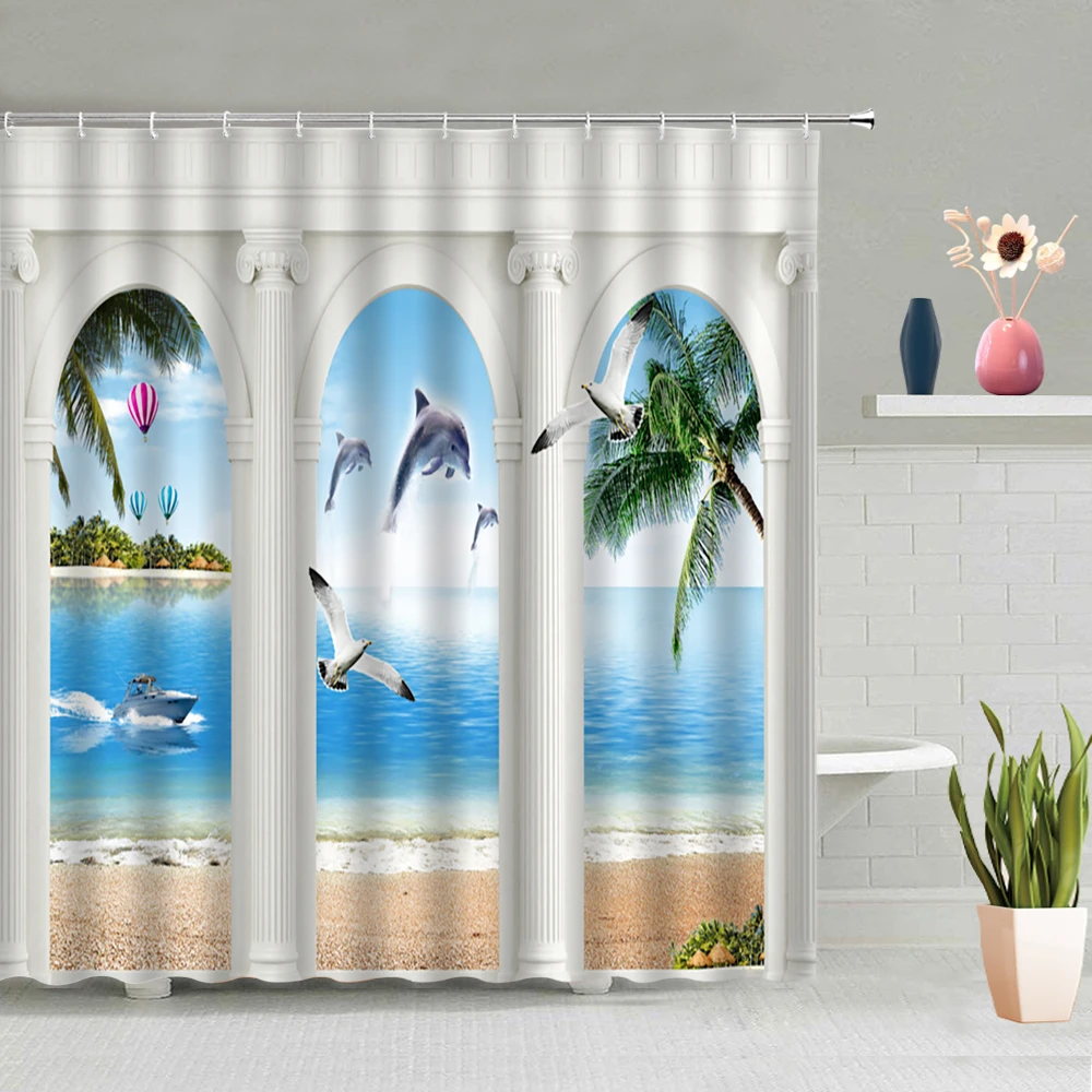 

Ocean Animals Shower Curtain Dolphin Whale Sea Turtle Ocean Palm Tree Hot Air Balloon Seagull Scenery Bathroom Screen Washable