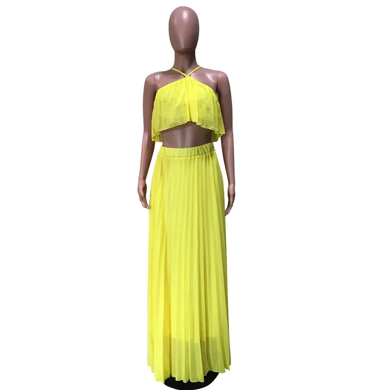 Женский комплект из двух предметов: короткий топ и юбка желтого цвета для