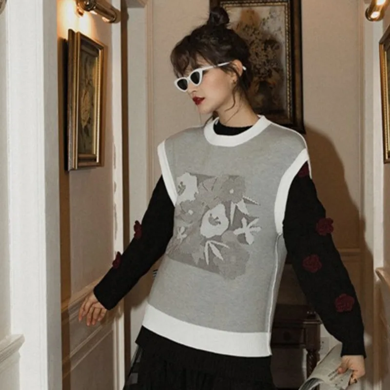 LANMREM/пуловер без рукавов с круглым вырезом и позитивным отрицательным принтом