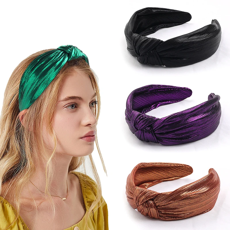 

Women Hair Hoop Middle Knot Head Hoop Lady Hair Bow Vintage Shining Silk Cloth Wide Headband Girls Hair Accessories Headwear