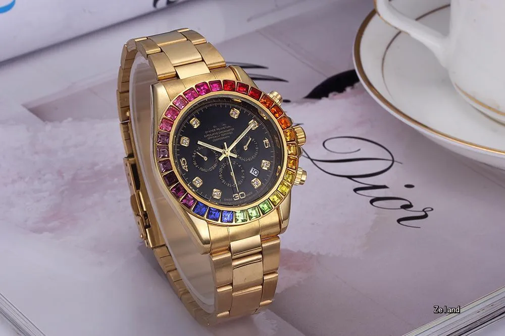 

2020 colored diamond men's and women's fashion steel belt 3-pin calendar quartz watch