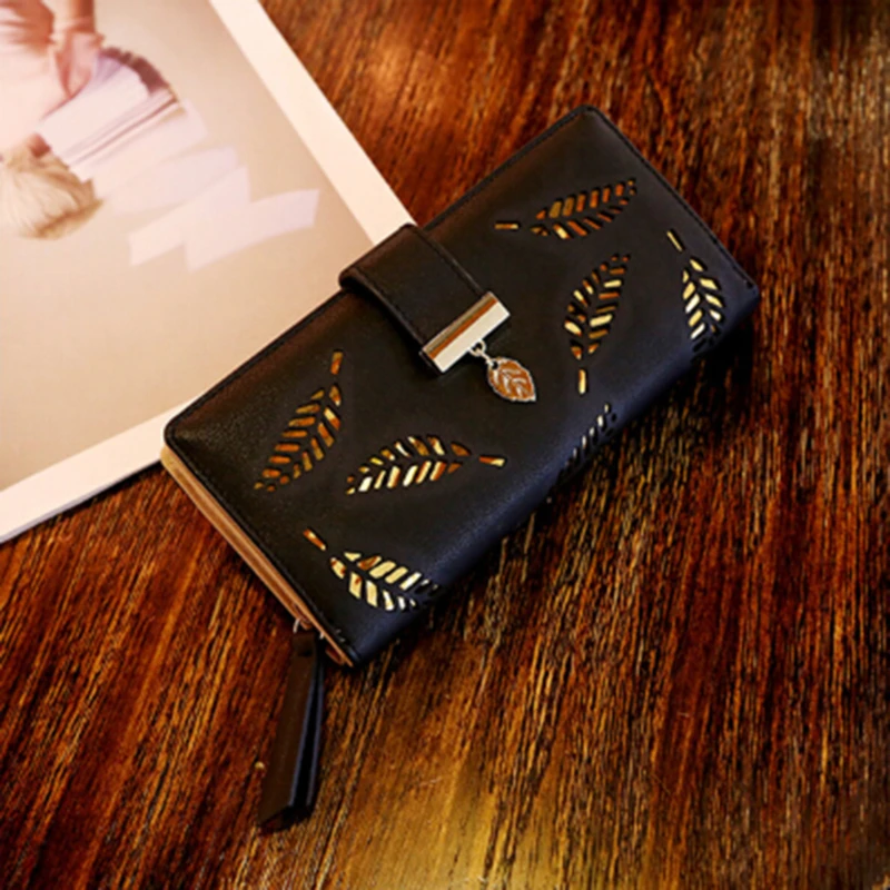 

Women Wallet PU Leather Purse Female Long Wallet Gold Hollow Leaves Pouch Handbag For Women Coin Purse Card Holders Clutch