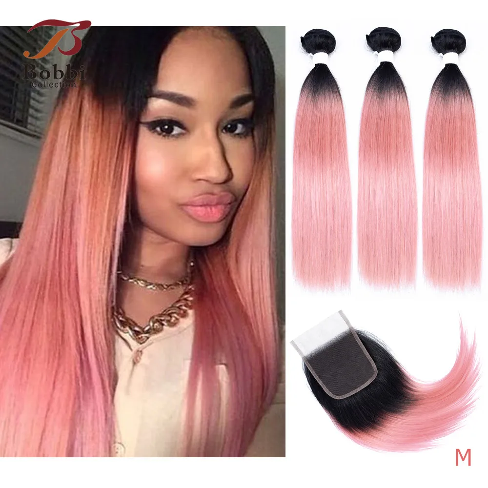 2/3 Bundles With 4x4 Lace Closure Ombre Hot Pink Rose Golden Straight Pre-Colored Remy Human Hair Extensions BOBBI COLLECTION