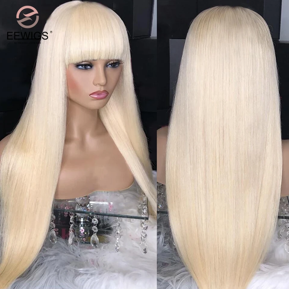 EEWIGS длинный черный парик с челкой Платиновый светлый синтетический на сетке