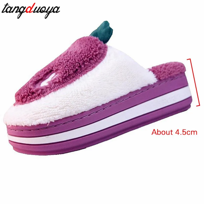 

2021 new arrival women's winter home flurry shoes female short plush slippers platform increase 5 cm Girls ins slippers