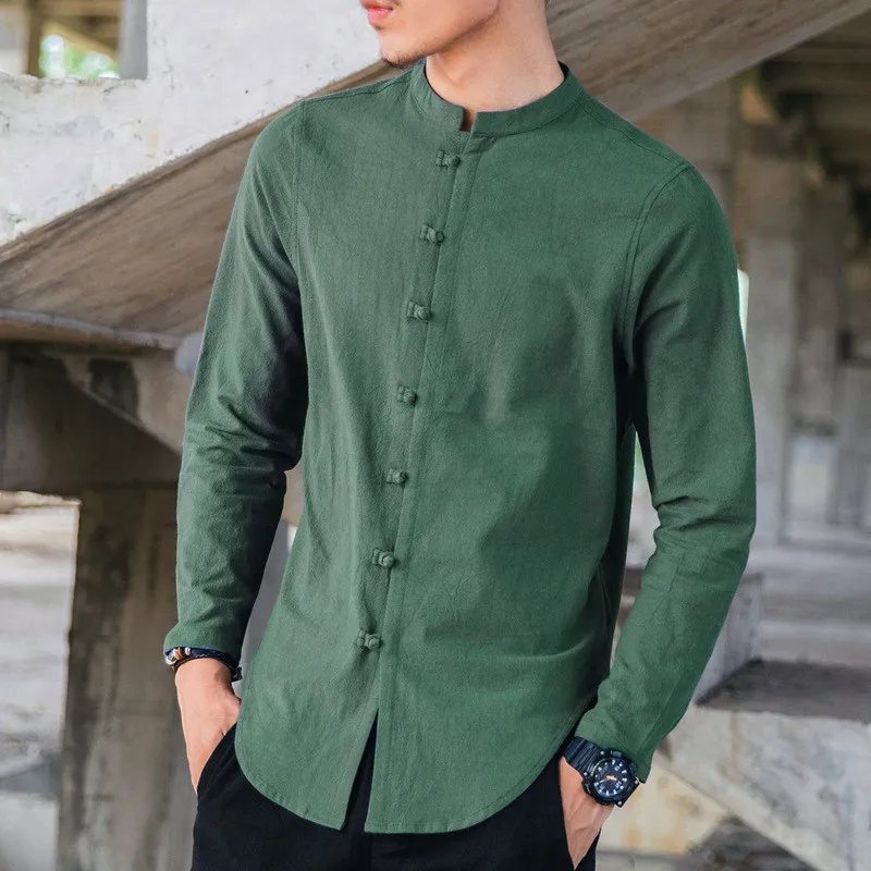 

Chinese Style Men Shirt Long Sleeve Button Solid Casual Streetwear Shirt Cotton Linen Autumn Dress Shirts Classic Male Clothes