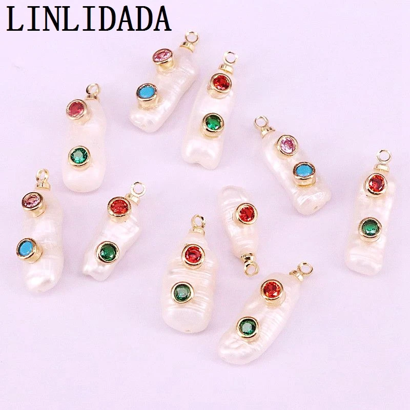 

10Pcs Nature white Pearl pendant with CZ paved pendants,gold plating pearl charm