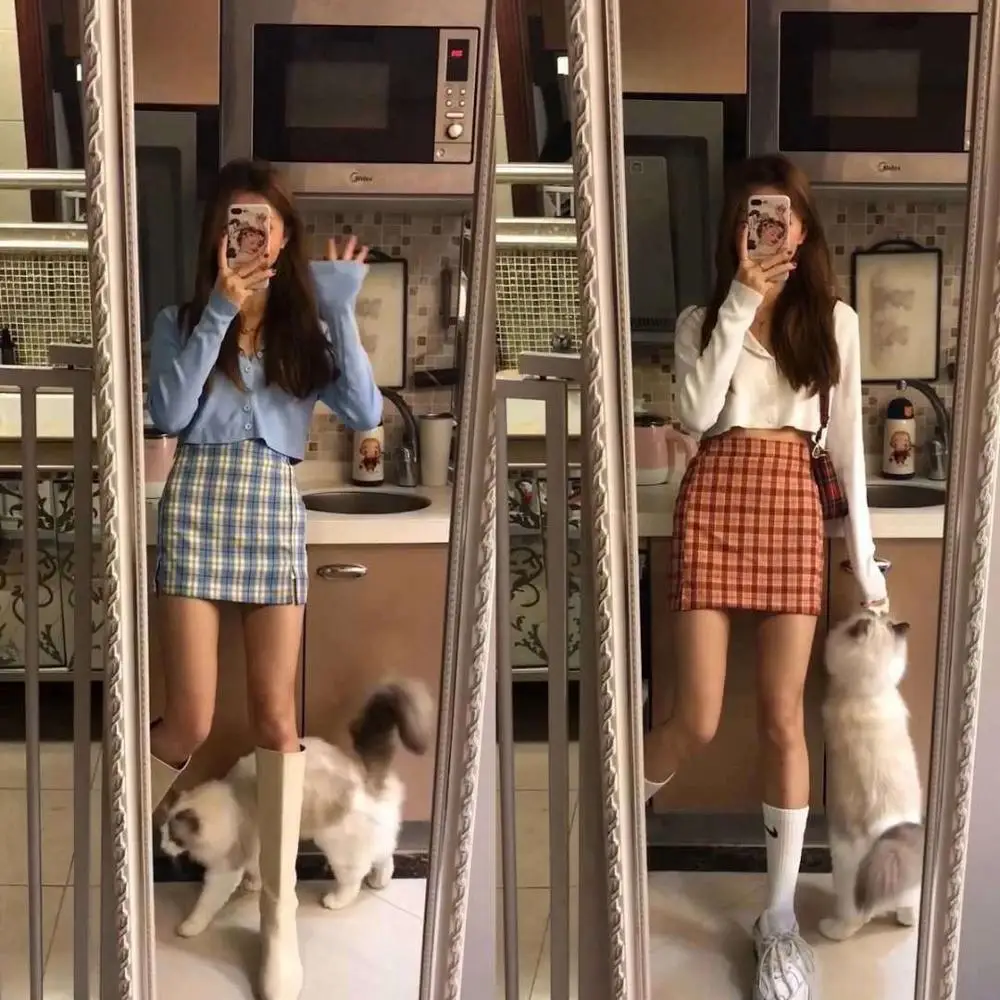 

Women Split Plaid Mini Skirt with Under Shorts Mini Skort In Check