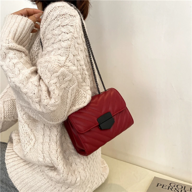 

Thread Chains Brand Designer PU Leather Crossbody Bags For Women 2021 Simple Fashion Shoulder Bag Lady Luxury Small Handbags
