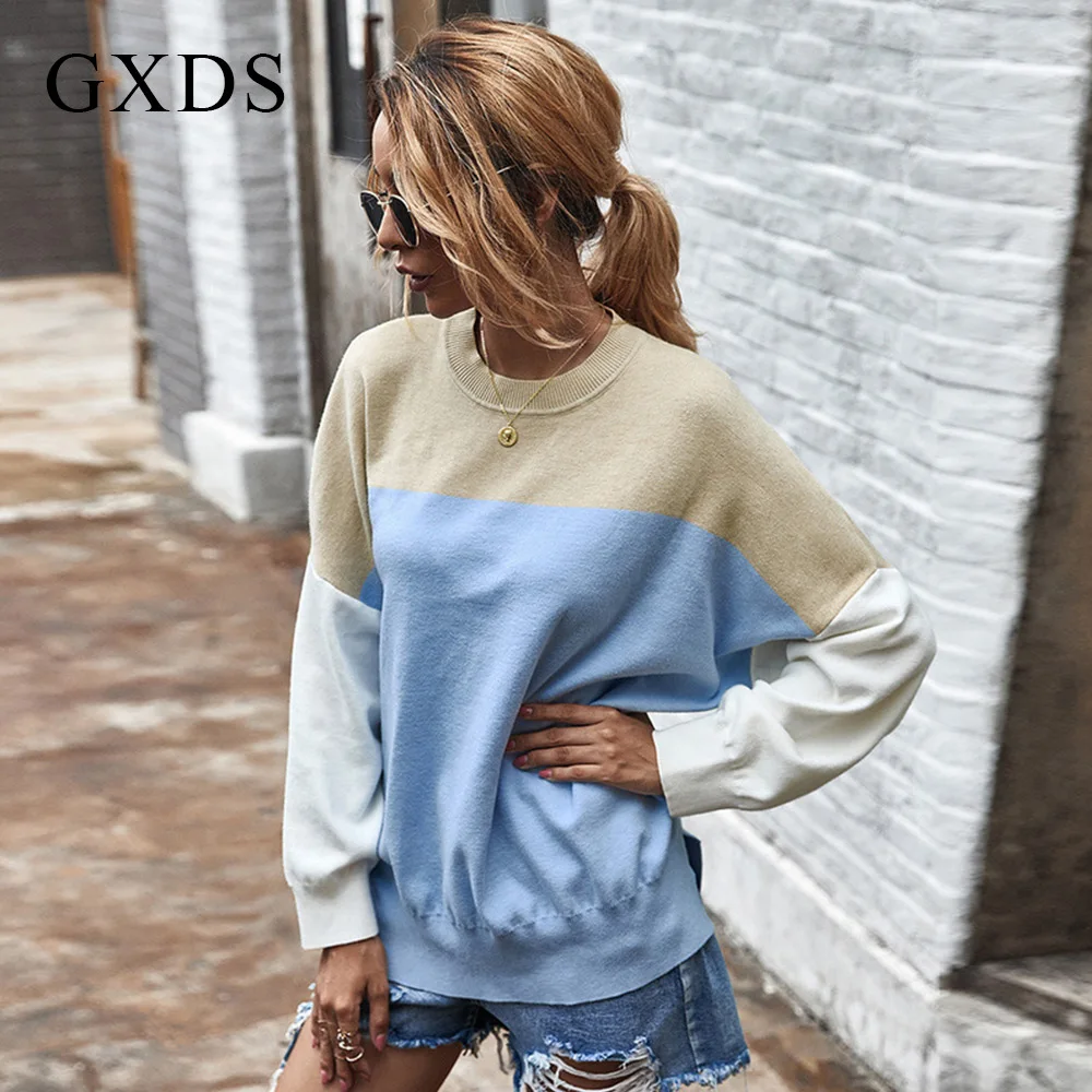 

GXDS Knitted Women's O-neck Sweater Pullover Autumn Korean Version Of Casual Loose Contrast Color Long-sleeved Sweater New Tops