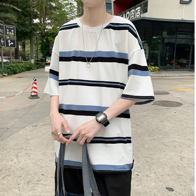 

Retro shirt Women's All match Japanese Simple Striped Loose Short sleeved Cotton T shirt Summer Korean Loose Black Women's Top