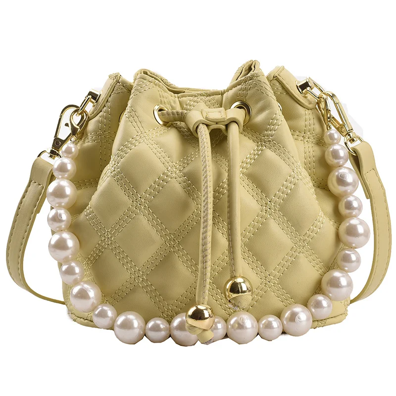 

[BXX] Pearl Chain PU Leather Crossbody Bucket Bags For Women 2021 Summer Branded Shoulder Bag Trending Luxury Hand Bag HU514