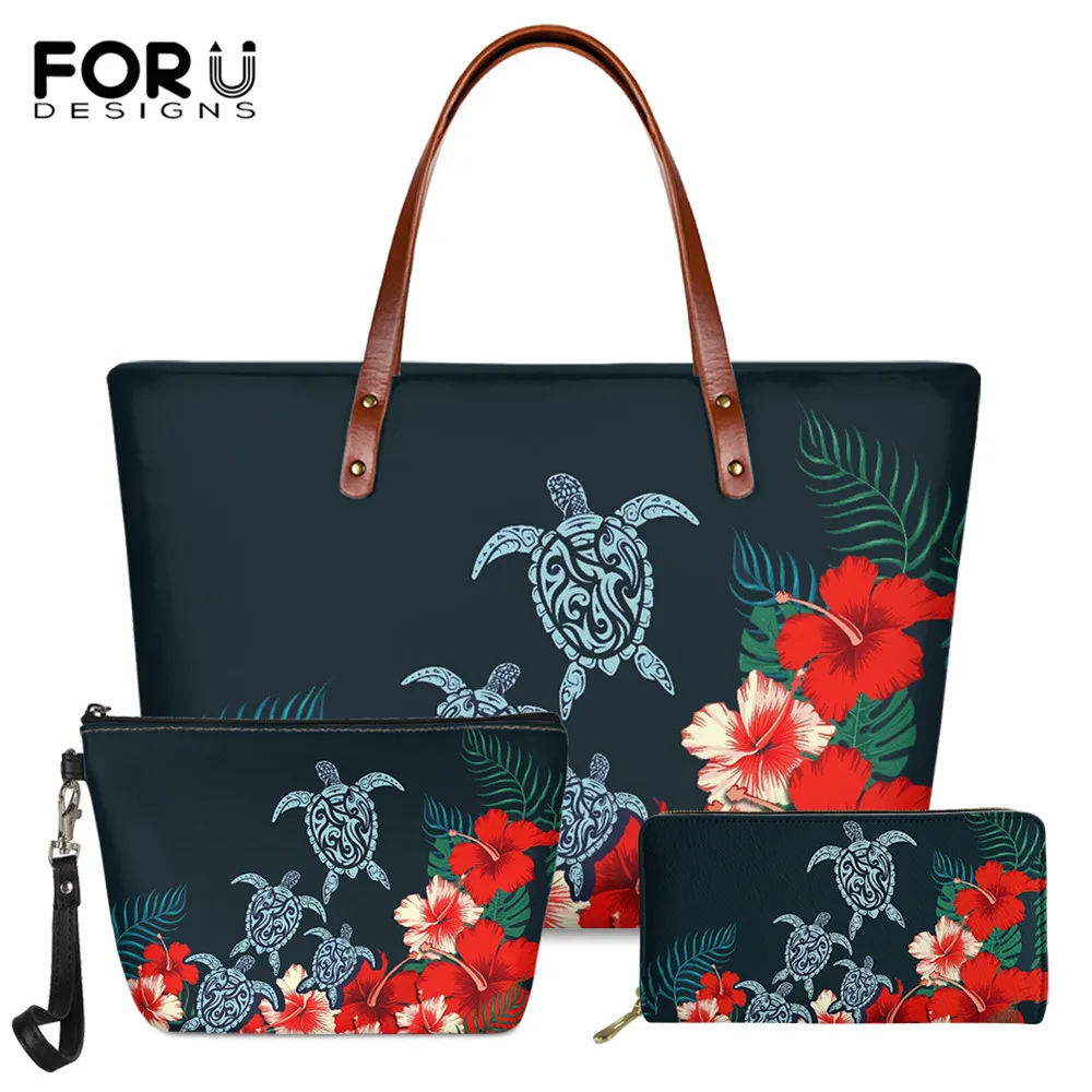

FORUDESIGNS Luxury Women 3pcs/set Handbag PU Wallet Sea Turtle Tropical Hibiscus Plumeria Poly Print Large Capacity Shoulder Bag