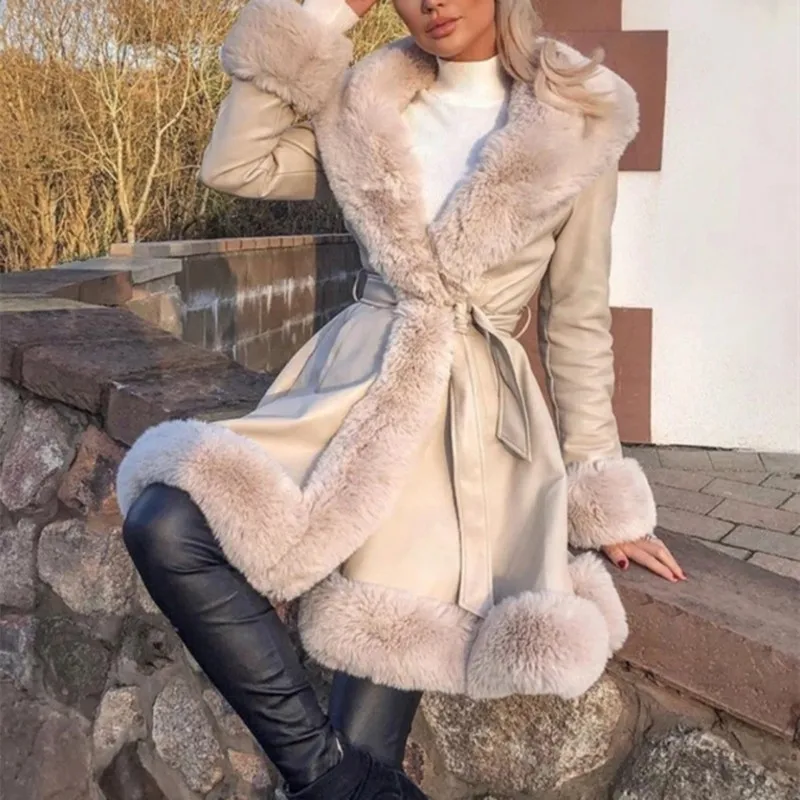 

Куртка из искусственной кожи женская, модное длинное пальто из искусственной кожи с поясом на завязке, элегантная однотонная куртка из иску...