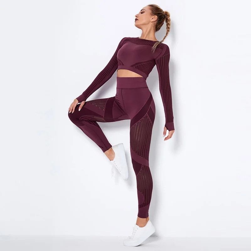 

Seamless Yoga Set Women Fitness Clothing Hollow Out Long Sleeve Crop Top Running Leggings 2Pcs Sport Outfits Workout Gym Suit
