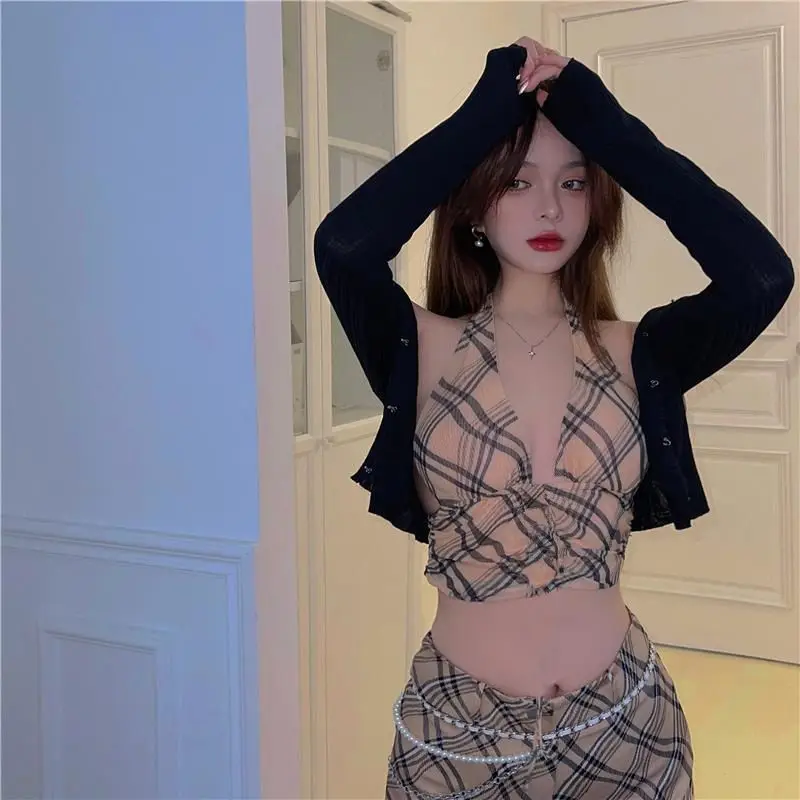 

[Chain Included] Summer Hot Girl Halter Sexy Backless Plaid Camisole Slimming Mop Trousers Women 's Suit