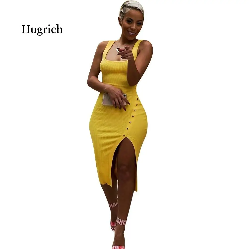 

2020 Women Summer Sleeveless Side Spit Knitted Bodycon Midi Tank Dress Knee Length Vintage Sexy Party Dresses Vestidos