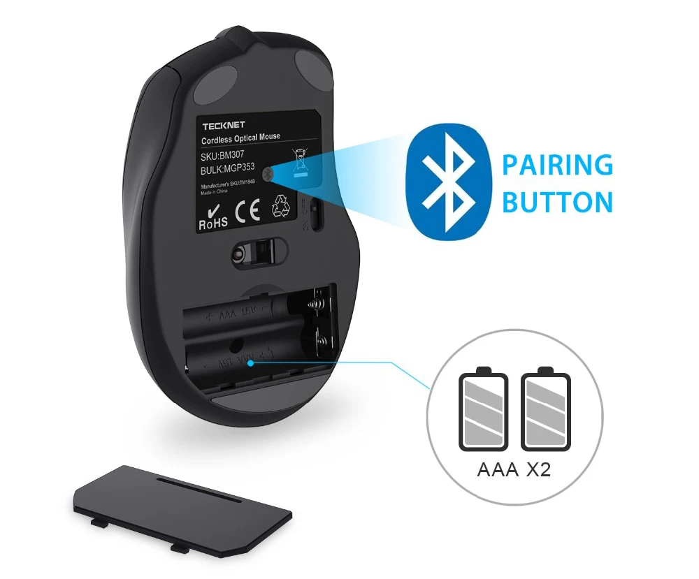TeckNet Беспроводной Bluetooth Мышь 800/1200/1600/2000/2600 Точек на дюйм Беспроводной Мышь Bluetooth для ноутбука для малышей 24 месяцев Срок службы батареи