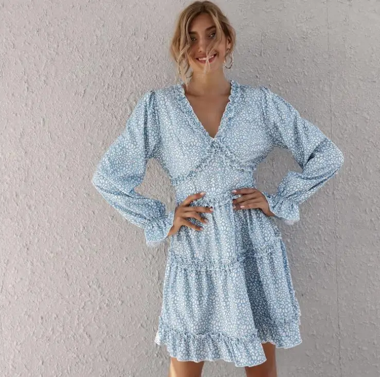 

Summer Autumn Womens Sexy Bodycon Blue Floral Mini Dress Fashion Lady V-neck Long Puff Sleeve Party Club Sexy Backless Sundress