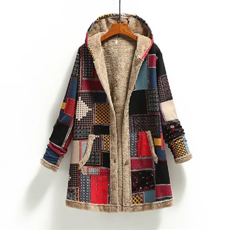

Vintage style coat, lady mother winter warm coat, single breasted hooded coat, pocket print coat, xl 2020 Femme coat Tk49
