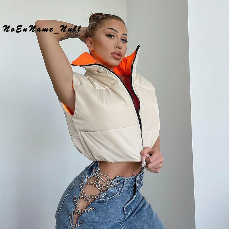 

Женская короткая зимняя куртка Y2k без рукавов с высоким воротником на молнии облегающий утепленный хлопковый жилет Женское пальто Модная ж...